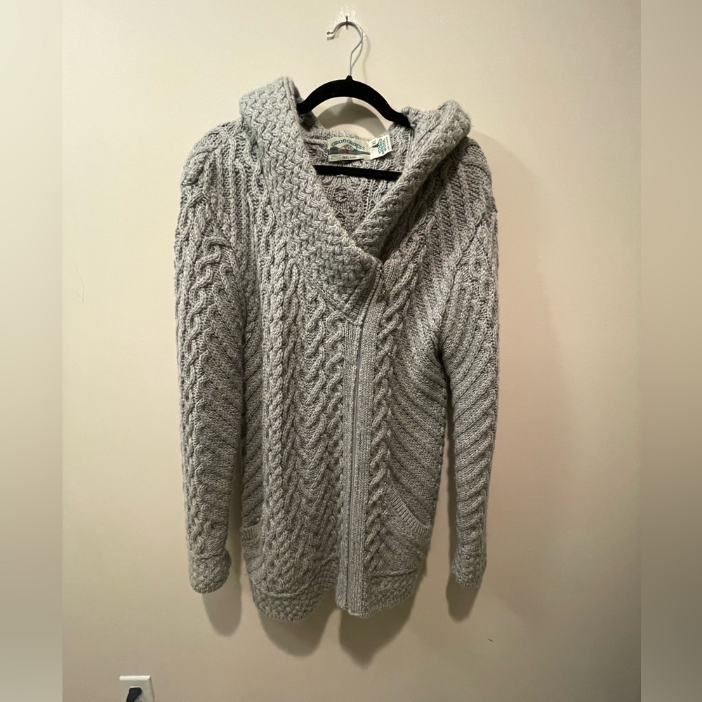 Aran Crafts % Wool Light Gray Cable Hooded Cardigan